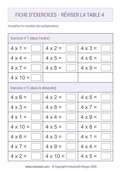 Fiche d exercices à Imprimer Révisez la Table de 4 Memozor