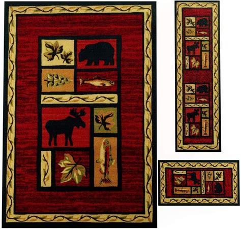 Dandd 3pc Wildlife Bear Moose Fish Area Rug Set Runner