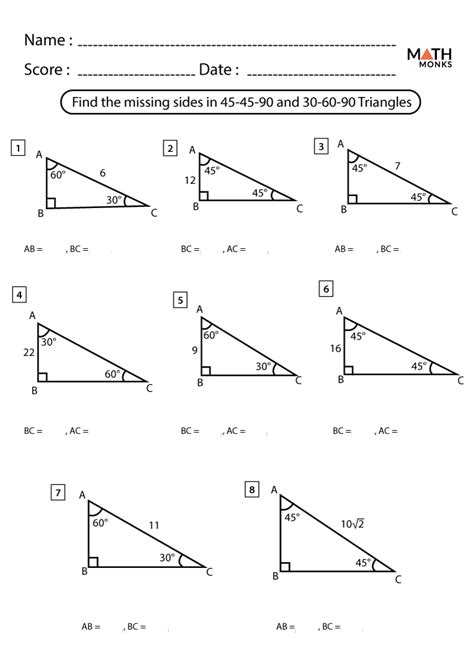 Special Right Triangles Worksheets Math Monks