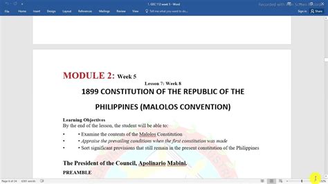 Gec 112 Week 5 1899 Constitution Of The Republic Of The Philippines Youtube