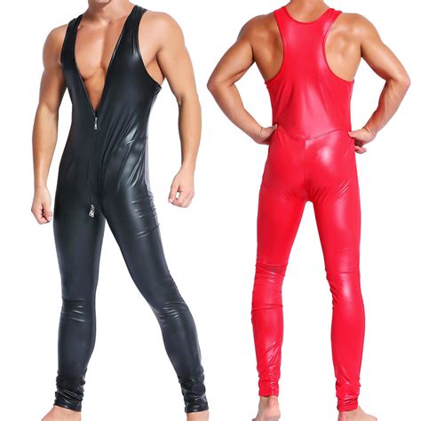 Sexy Men Faux Leather Bodysuit Wetlook Playsuit Jumpsuit Catsuit