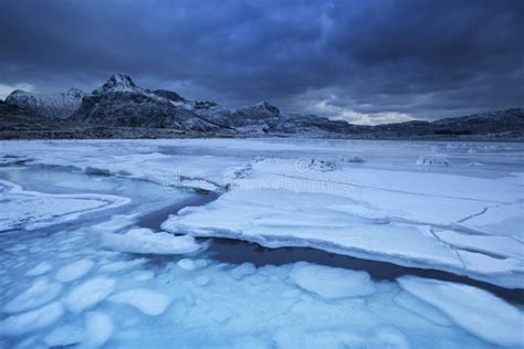 Frozen Fjord On The Lofoten In Northern Norway In Winter Stock Photo