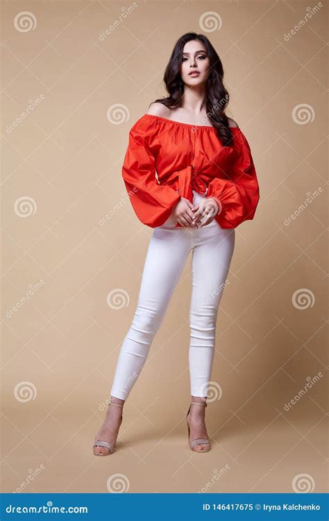 Beautiful Woman Fashion Glamour Model Brunette Hair Makeup Wear Silk Blouse Trousers Clothes For