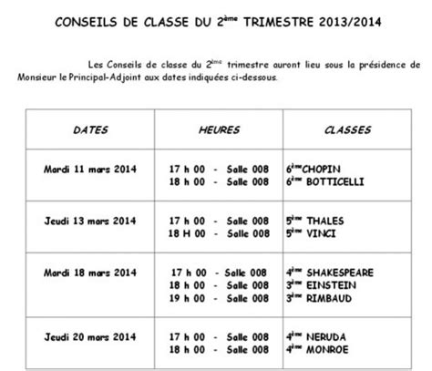 Calendrier Des Conseils De Classe 2e Trimestre Site Du Collège