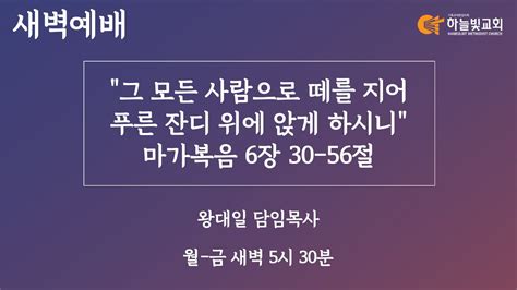 하늘빛교회 새벽기도회ㅣ그 모든 사람으로 떼를 지어 푸른 잔디 위에 앉게 하시니 마가복음 630 56ㅣ왕대일 담임목사ㅣ