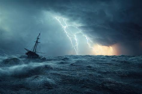 Premium Photo | A medieval ship is caught in a storm in the ocean 3d illustration