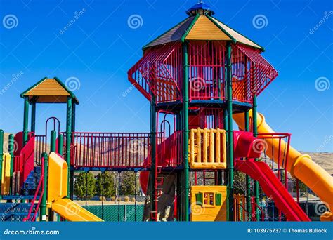 Modern Playground Equipment Stock Image - Image of trees, climb: 103975737