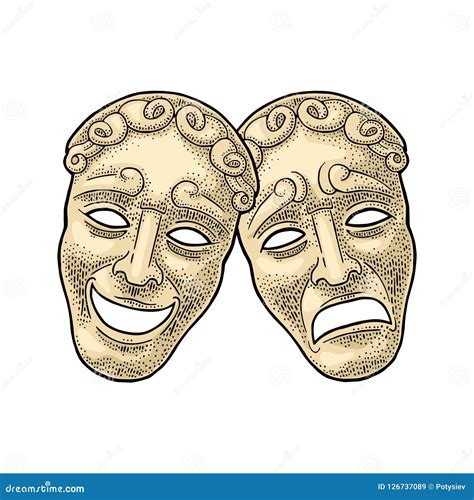 Comedy And Tragedy Theater Masks Vector Engraving Vintage Color