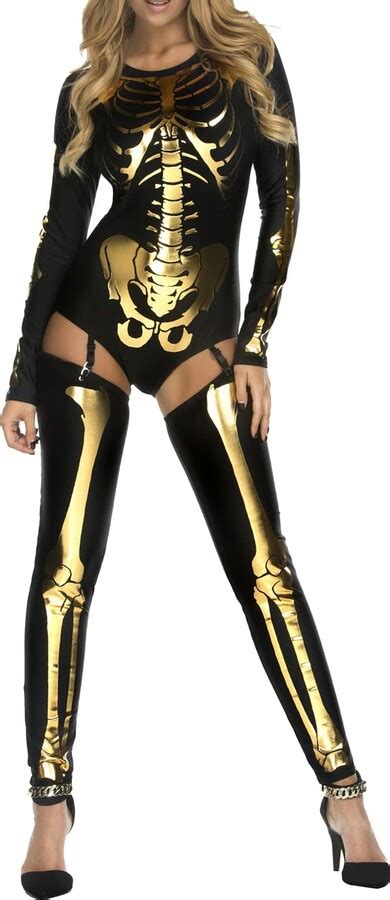 Femereina Womens Skull Skeleton Halloween Costume Jumpsuit Bodysuit Bodycon Outfit Long Sleeve