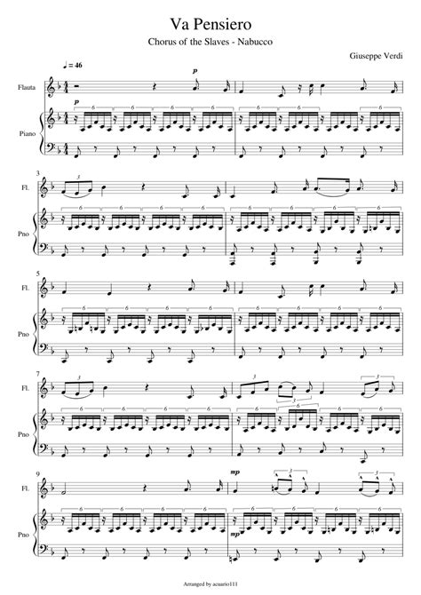 Vapensiero Sheet Music For Piano Flute Solo