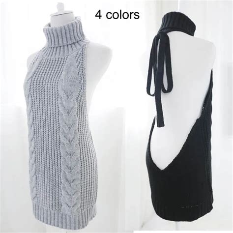 Hot Japan Sexy Sleeveless Tie Open Back Backless Sweater Sleep Dress Anime Cosplay