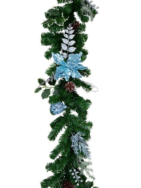 Decorated Blue Poinsettia Pine Cone Foliage And Baubles Pine Garland