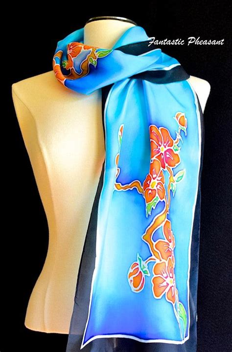 Hand Painted Silk Scarf Shawl Gorgeous Cherry Blossoms In Hand Painted