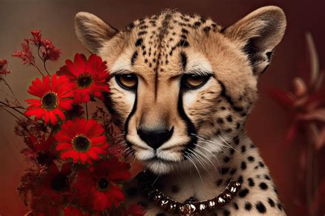 Premium AI Image Portrait Of A Fashion Cheetah Wearing Flowers And