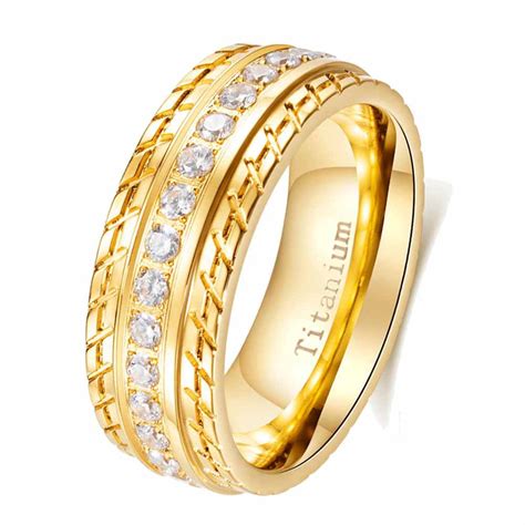 Yellow Gold Plated 8mm Aaa Cz Titanium Steel Mens Ring Men Wedding Band Man Ring