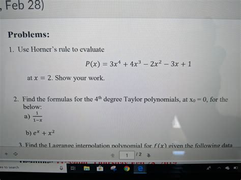 Solved Feb 28 Problems 1 Use Horner S Rule To Evaluate Chegg