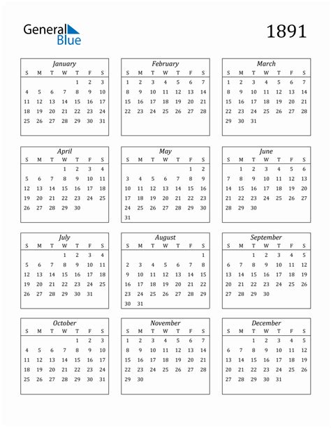 1891 Blank Yearly Calendar Printable