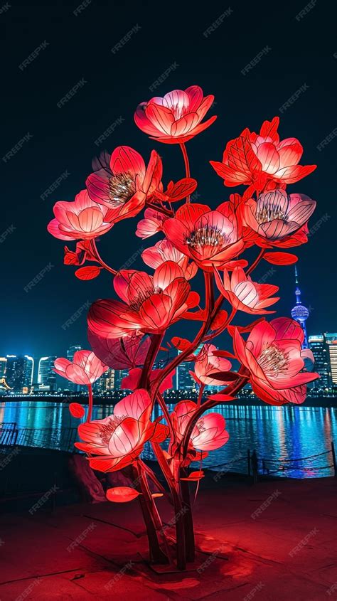 Premium Photo Lit Up Flowers At Night View With Cityscape Background