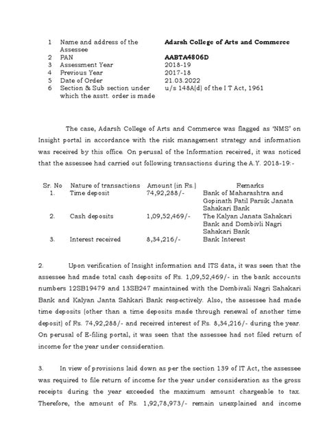 Assessment Order For Adarsh College Of Arts And Commerce For Ay 2018 19