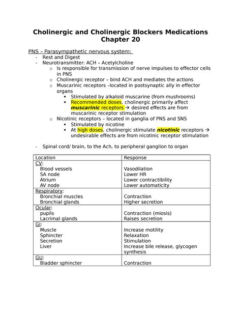 Notes T Cholinergic Medications Cholinergic And Cholinergic