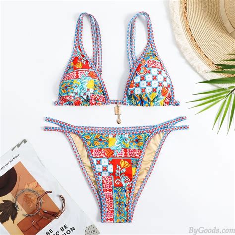 Sexy Volkstotem Blume Bikini Strand Bademode Badeanzug Riemen Bunt Zwei