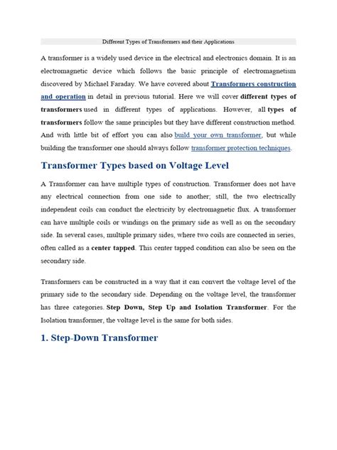 Different Types of Transformers and Their Applications | PDF ...