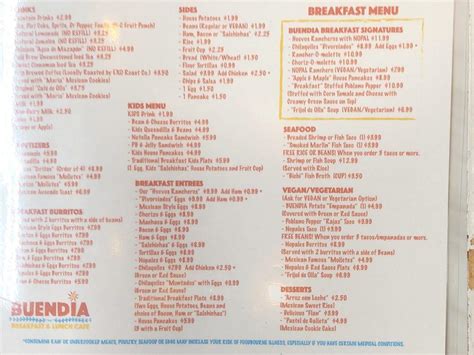 Menu at Buendia Breakfast & Lunch Cafe, Tucson