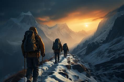 Premium Photo Mountain Exploration Hikers With Backpacks Traverse