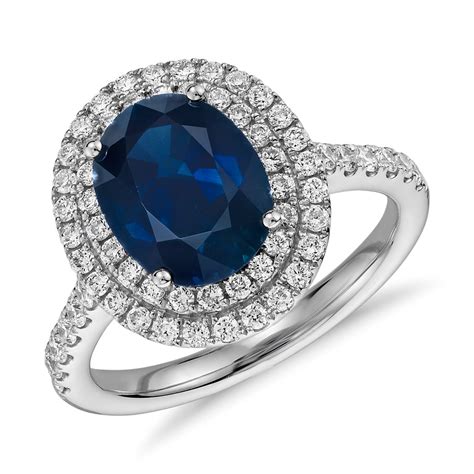 Oval Sapphire And Diamond Double Halo Micropavé Ring In 18k White Gold