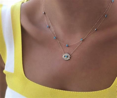 Turquoise Necklace 14k Solid Yellow Gold Turquoise Station Necklace