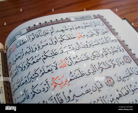 The Holy Quran Open On A Wooden Table Stock Photo Alamy