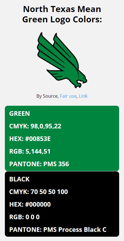 North Texas Mean Green Team Colors | HEX, RGB, CMYK, PANTONE COLOR ...