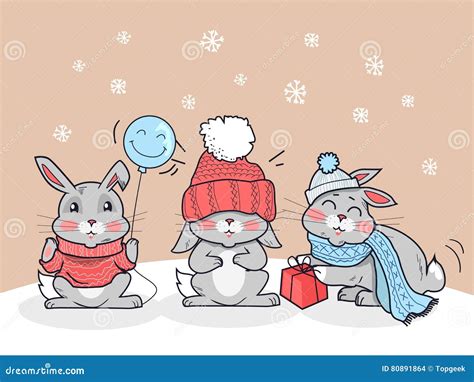 Happy Winter Cartoon Friends Three Little Rabbits Stock Vector