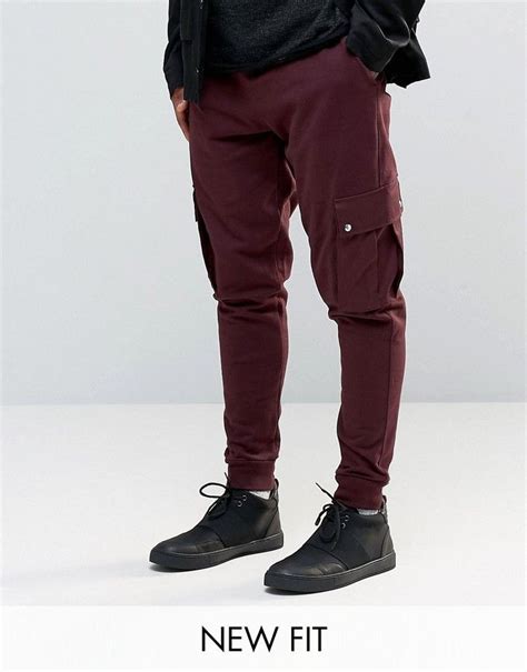 Asos Tapered Joggers With Cargo Pockets In Burgundy Tapered Joggers