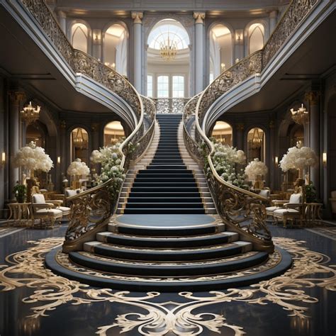 Premium Photo Arafed Staircase With A Black Marble Floor And Gold