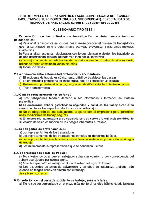 Test Con Respuestas Prevencion LISTA DE EMPLEO CUERPO SUPERIOR