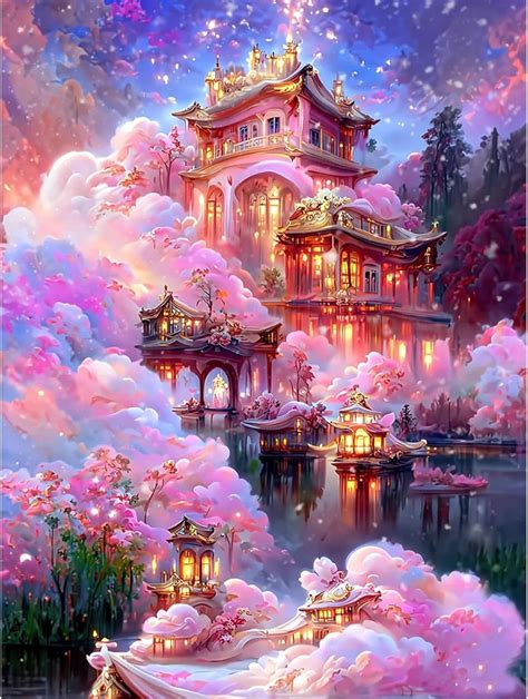 Qenspe D Diamond Painting Kits Pink Castle Diamond Art Kits Fantasy