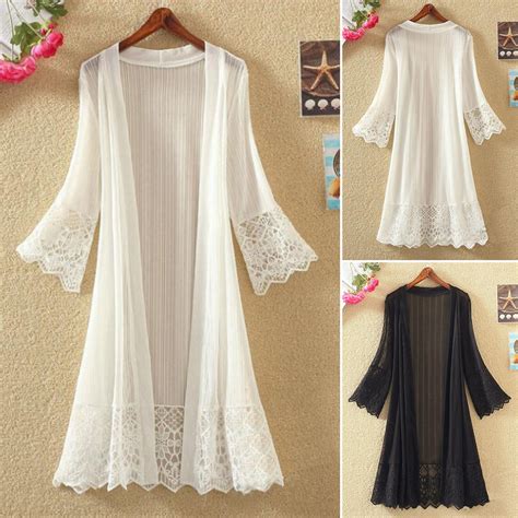 Sunsanly Summer Cardigan Mid Long See Through Lace Open Front Sheer Sun