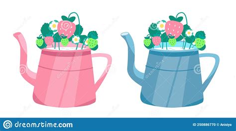 Watering Can With Flowers And Strawberry Berries Leaves Objects For