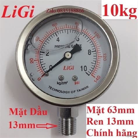 Đồng hồ đo áp suất 10kg có dầu mặt 63mm chân ren 13mm chính hãng giá t