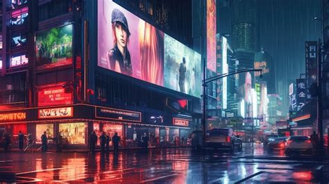 Premium Ai Image Futuristic Neon City With Billboard At Street