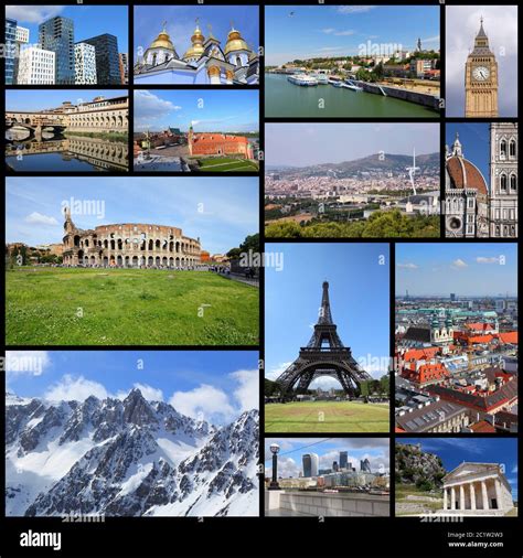 Europe landmarks - tourism attractions collage including London, Oslo, Paris, Rome, Florence ...