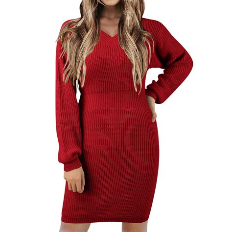 Asfgimuj Womens Sweater Dresses V Neck Long Sleeve Knitted Elastic