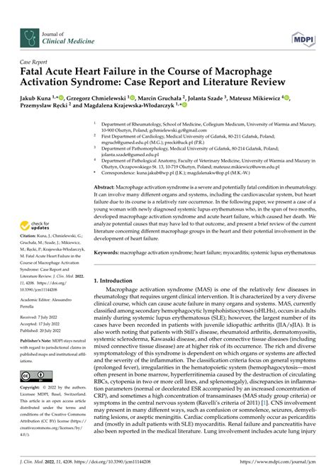 Pdf Fatal Acute Heart Failure In The Course Of Macrophage Activation Syndrome Case Report And