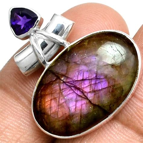 Pendentif protection labradorite violet Améthyste monture argent 925