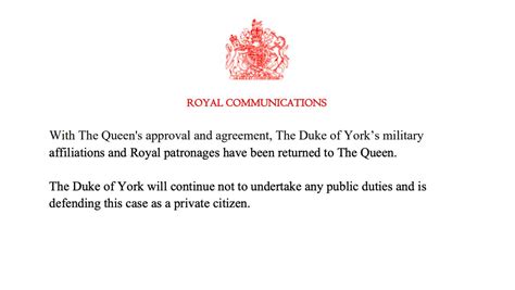 A statement from Buckingham Palace regarding The Duke of York: | The ...