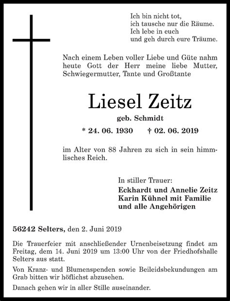 Traueranzeigen Von Liesel Zeitz Rz Trauer De