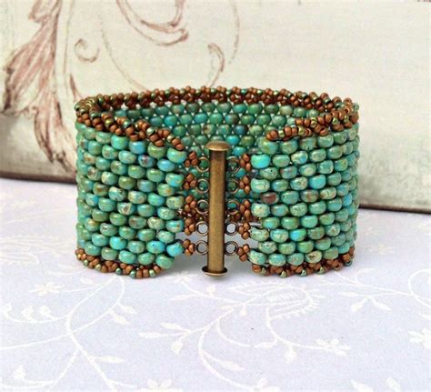 Peyote Cuff Beaded Bracelet Turquoise Beadweaving Rustic