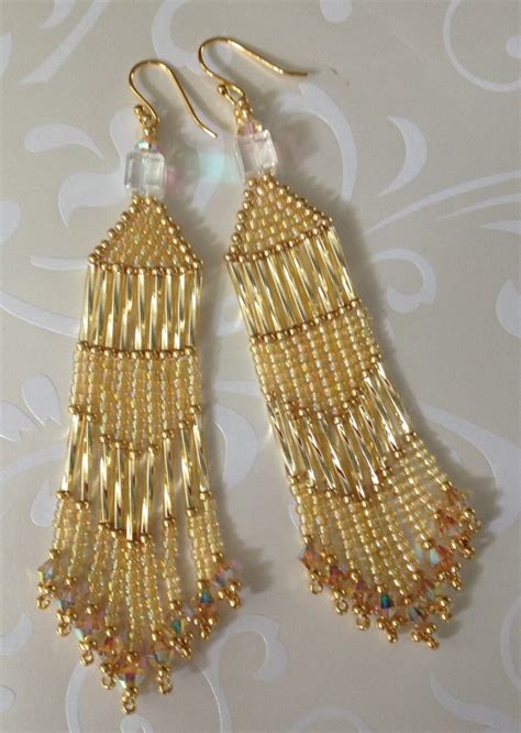 Beaded Fringe Earrings Long Golden Metallic Seed Bead Earrings Etsy