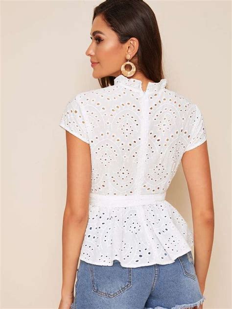 SHEIN Frill Neck Belted Peplum Schiffy Top Cotton Tops Designs